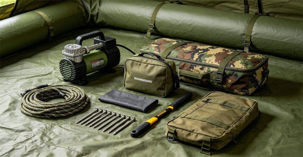 Cold and heat resistance performance of military inflatable tent in extreme environments, showing tent maintaining flexibility and structural integrity in both freezing arctic and scorching desert conditions, demonstrating all-weather field capability