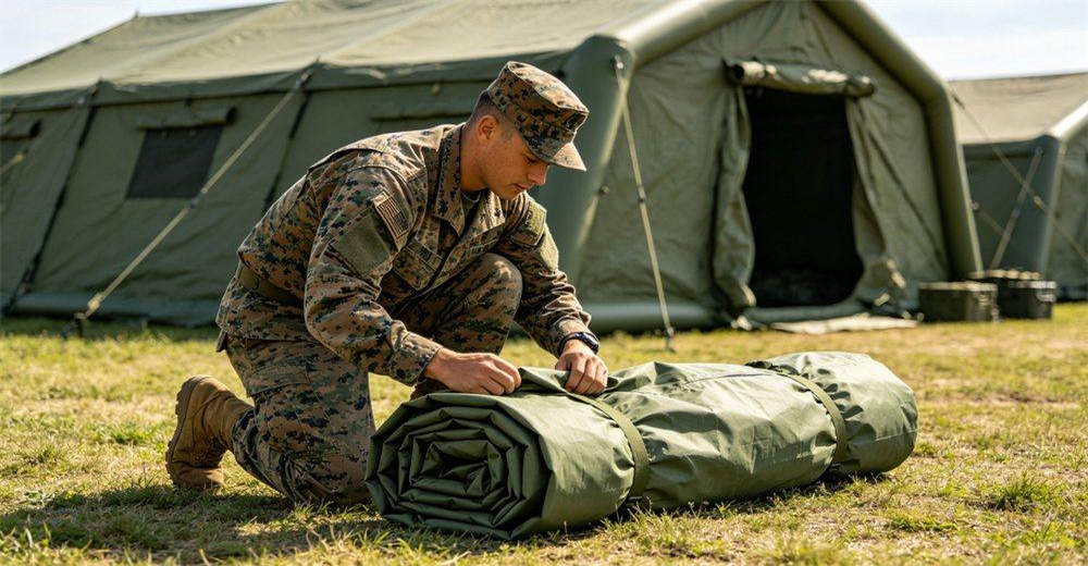 Military personnel organization and command structure diagram showing clear hierarchy of command, operations, logistics and support roles, demonstrating efficient team coordination for field camp deployment, operation and maintenance of inflatable shelters