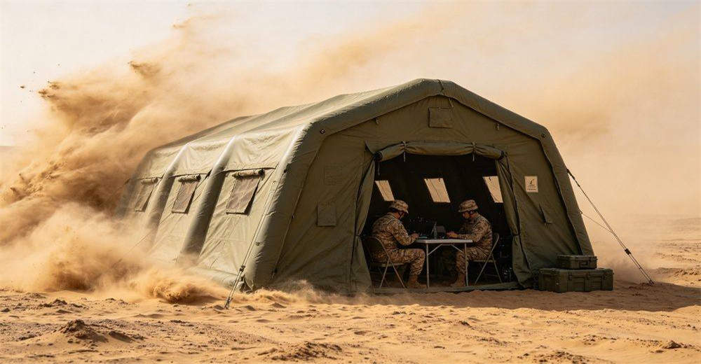 Routine maintenance and care of military inflatable tent showing cleaning procedures, inspection checkpoints, proper storage methods and preventive maintenance tasks, demonstrating how to extend tent lifespan and ensure reliable field performance over time