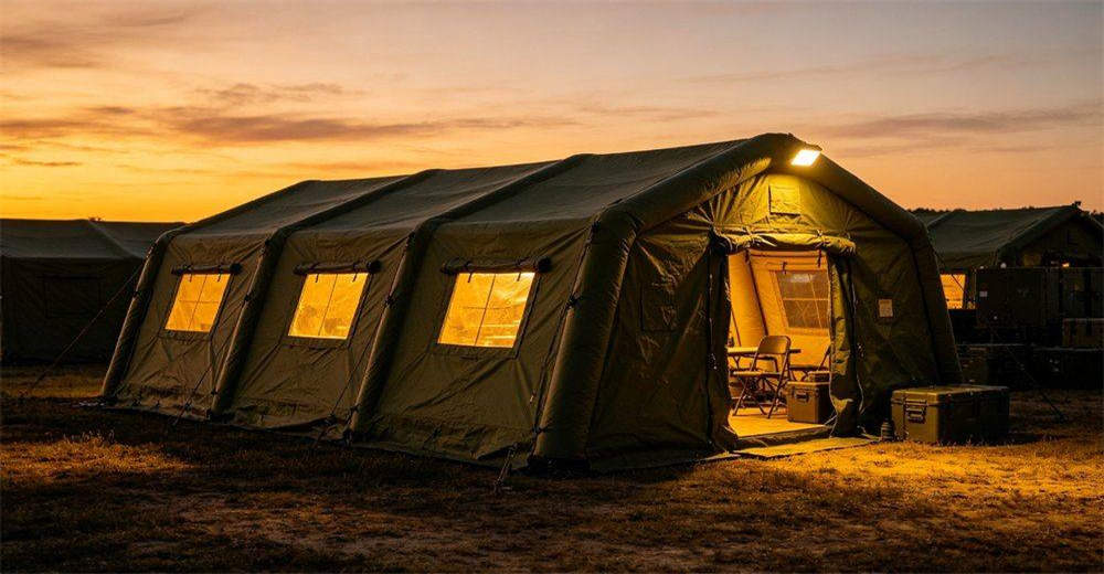 Nighttime usage scene of military inflatable tent with warm interior lighting glowing through windows, exterior security lighting and personnel activity, demonstrating comfortable and functional field shelter for 24-hour continuous operations in dark conditions