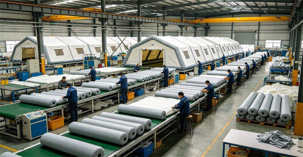 Safety usage guidelines for military inflatable tent showing proper anchoring procedures, inflation pressure limits, electrical safety, fire prevention and emergency protocols, demonstrating safe operational practices for field deployment and usage
