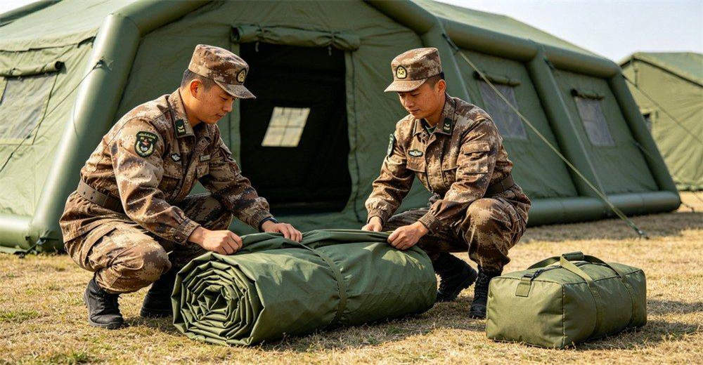 Soldiers rapidly packing and folding military inflatable tent after deflation, showing coordinated team effort, systematic folding technique and compact rolling process, demonstrating quick teardown capability for rapid relocation and field mobility