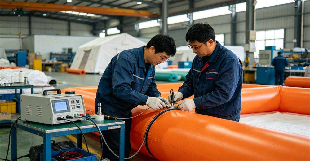 Factory production capability showing modern manufacturing line for military inflatable tents, with automated cutting machines, high-frequency welding equipment, quality inspection stations and organized assembly workflow, demonstrating large-scale production capacity