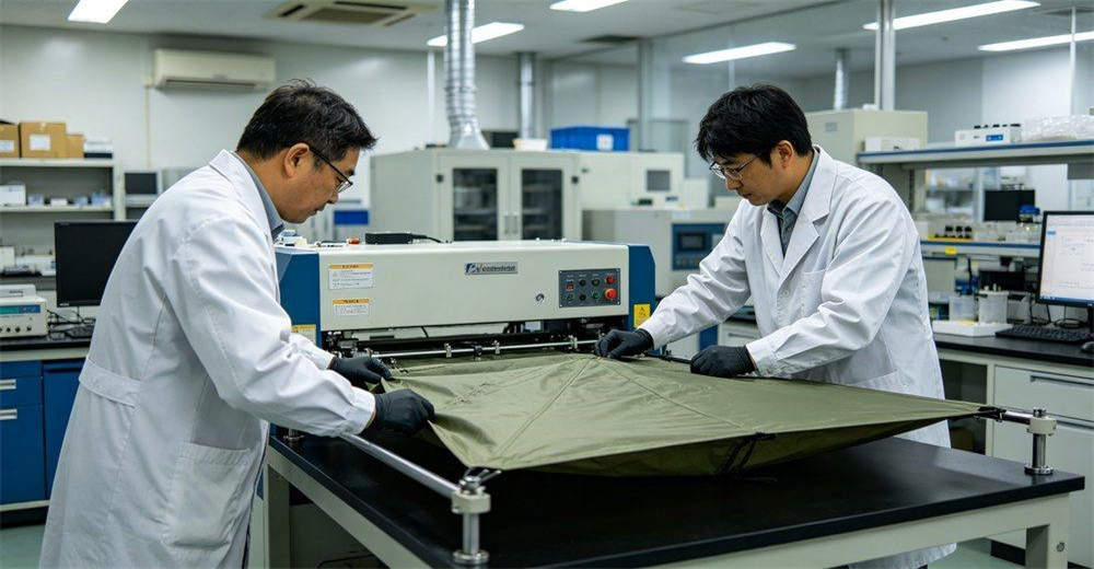 Quality inspection process for military inflatable tents showing raw material testing, weld strength verification, air leakage testing, dimensional checks and final product inspection, demonstrating rigorous quality assurance throughout manufacturing process