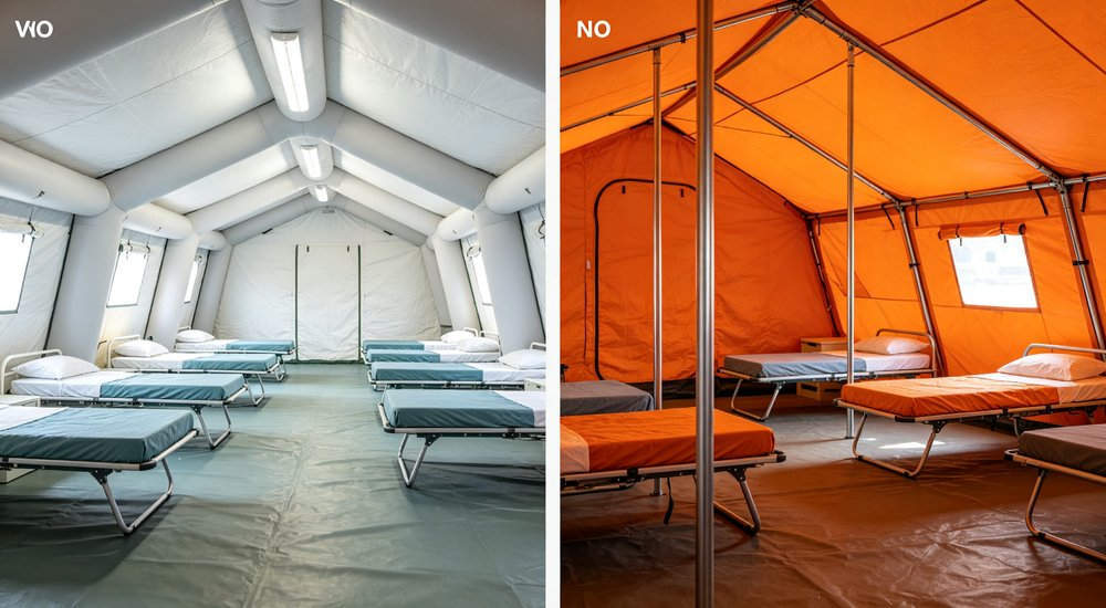 Air beam column vs metal pole comparison showing structural difference, product shot red and white inflatable emergency tent for disaster relief operations