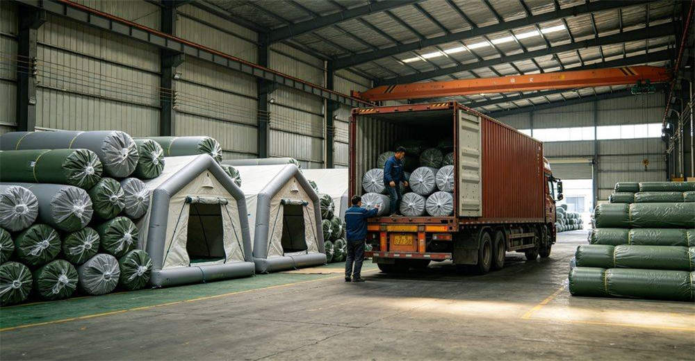 Raw material inspection of military-grade PVC fabric showing tensile strength testing, thickness measurement, color consistency check, waterproof coating verification and flame retardant testing, ensuring only highest quality materials enter production process