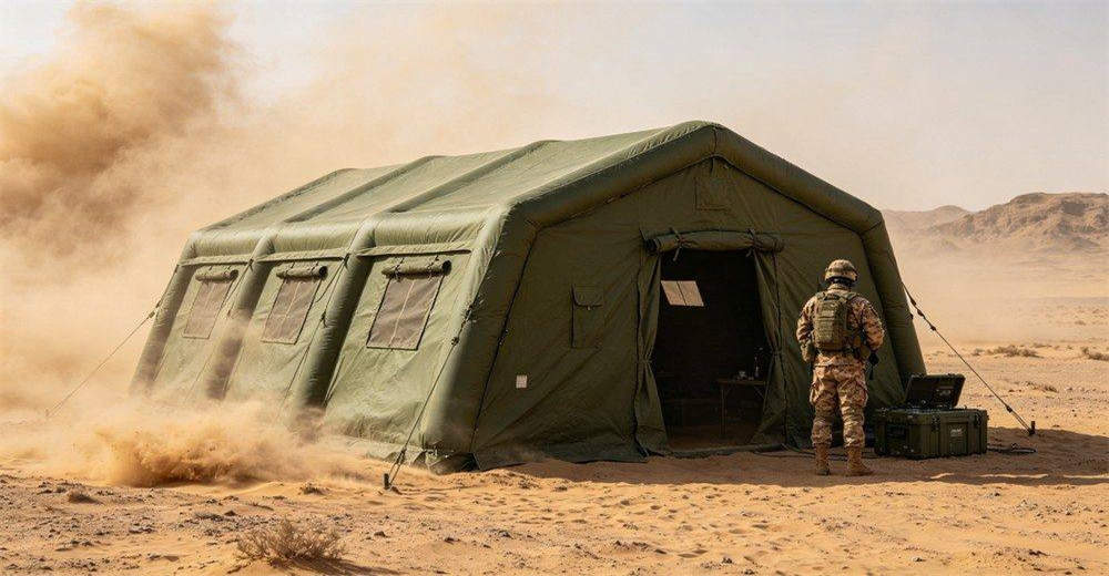 Military inflatable tent in desert sandy environment with blowing dust and sand, showing tent withstanding harsh arid conditions, maintaining interior cleanliness and providing shade, demonstrating reliable performance in extreme desert field operations