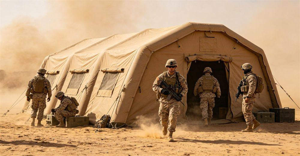 Multiple personnel using military inflatable tent simultaneously, showing team collaboration, shared workspace, comfortable capacity and organized interior layout, demonstrating tent ability to accommodate groups for command, meetings and field operations
