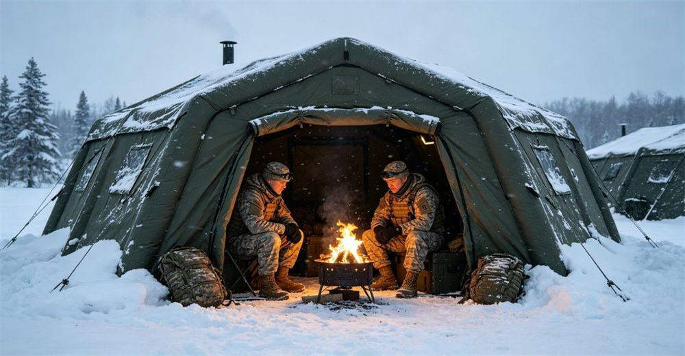 Customization service display for military inflatable tents showing available options including size variations, color choices, logo printing, window placements, door configurations and interior layouts, demonstrating flexible manufacturing to meet specific operational requirements and preferences