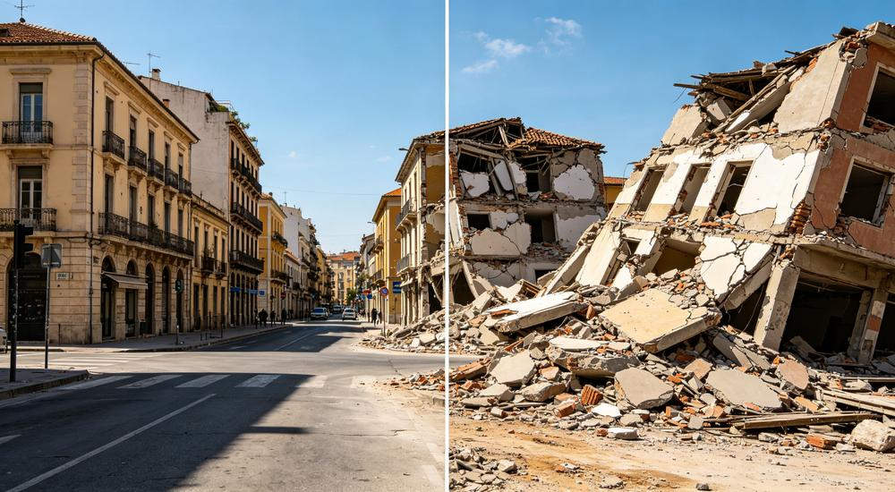 Before and after comparison of Turkey earthquake damage, showing why relief organizations need reliable earthquake emergency kit and rescue equipment
