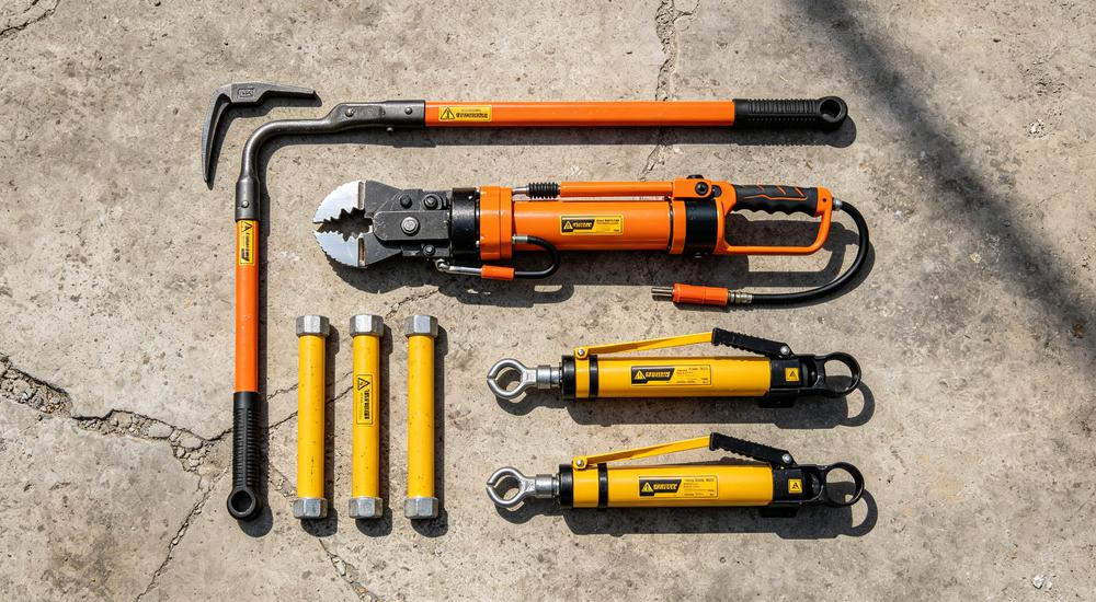 Flat lay of rescue tools including pry bar and hydraulic cutter, essential search and rescue equipment supplied for disaster relief operations in bulk