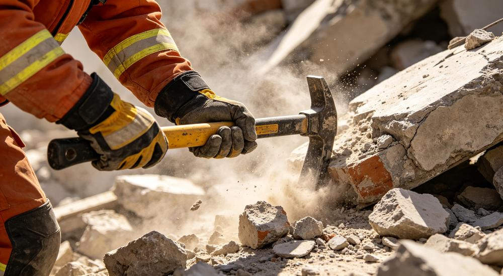 Rescue worker using pry bar on rubble, proper technique with search and rescue equipment saves lives in earthquake disaster response operations