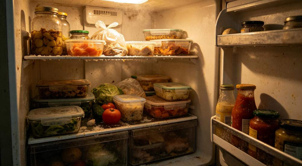 Open fridge after power outage showing food safety concerns, emergency food supplies are key part of any earthquake emergency kit plan