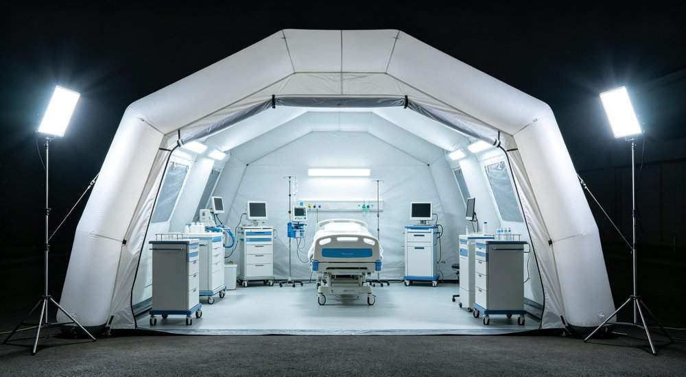 Medical air beam tent configuration, red cross, patient beds, bright interior red and white inflatable emergency shelter for disaster relief operations