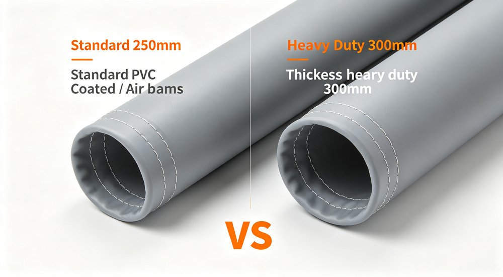 Standard vs heavy duty air beam comparison, side by side, product shot red and white inflatable emergency tent for disaster relief operations