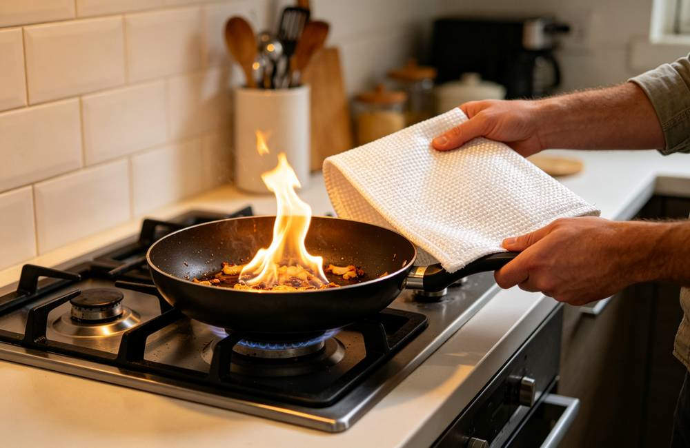 Person holding glass fiber fire blanket over burning kitchen pan to smother cooking oil fire safely at home today for bulk fire safety kit buyers
