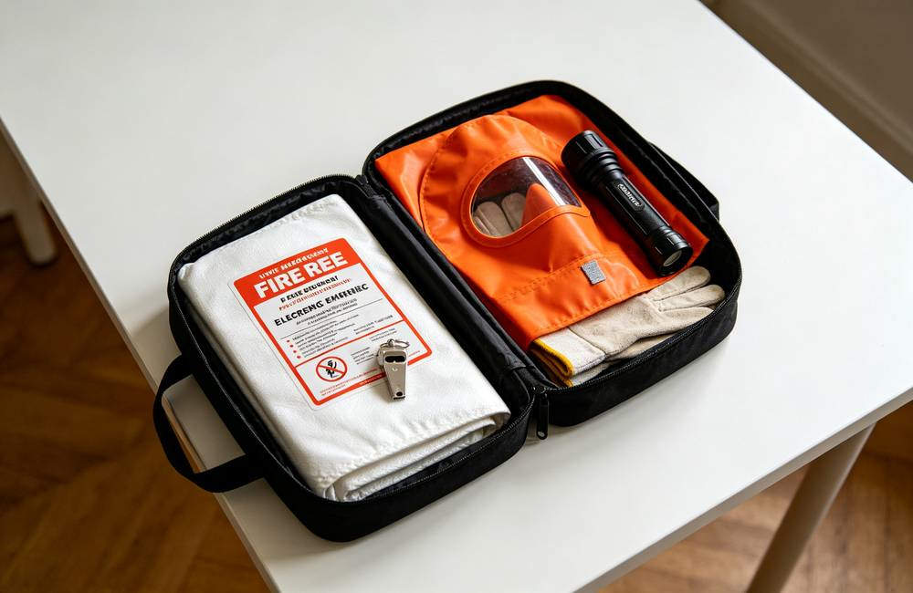 Open home fire emergency kit showing glass fiber fire blanket EN403 smoke mask and whistle ready for bulk NGO shelter distribution today