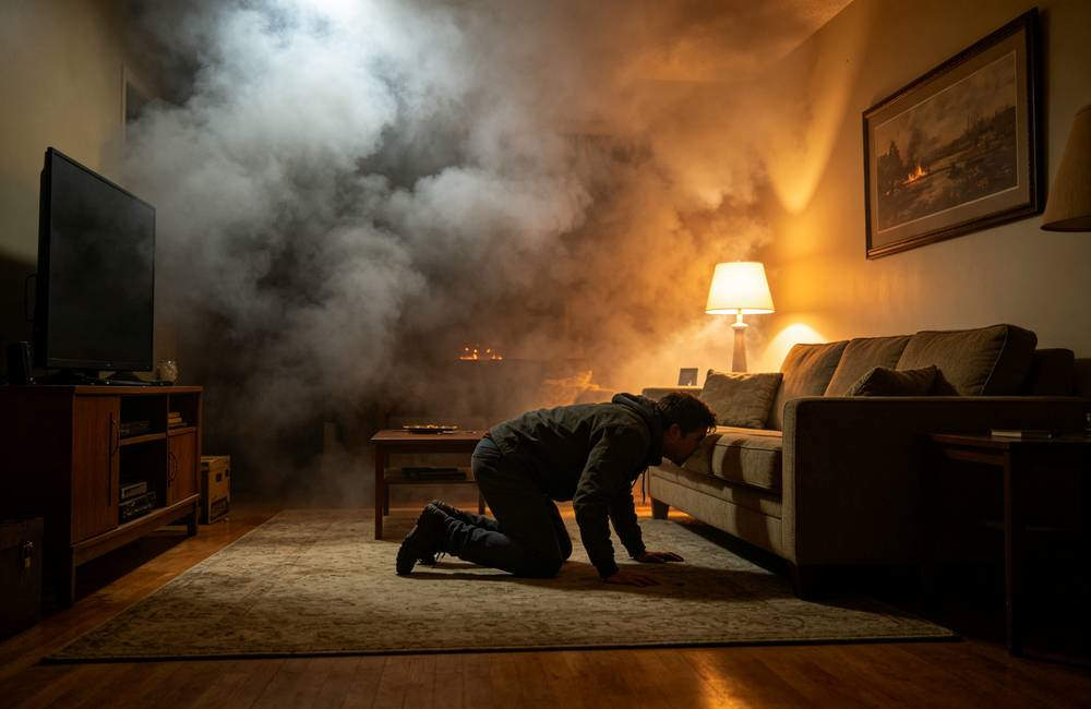 Person lying low on floor breathing clean air near ground during smoky home fire evacuation drill for smoke safety training today
