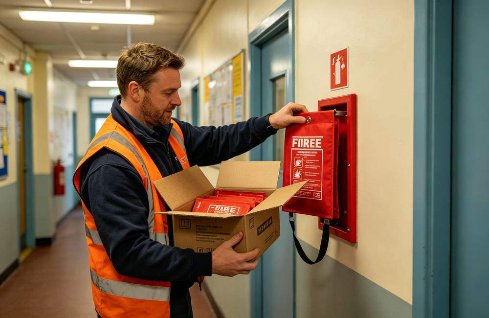 Maintenance worker unboxing carton of fire blankets for wall installation in community center fire safety program today