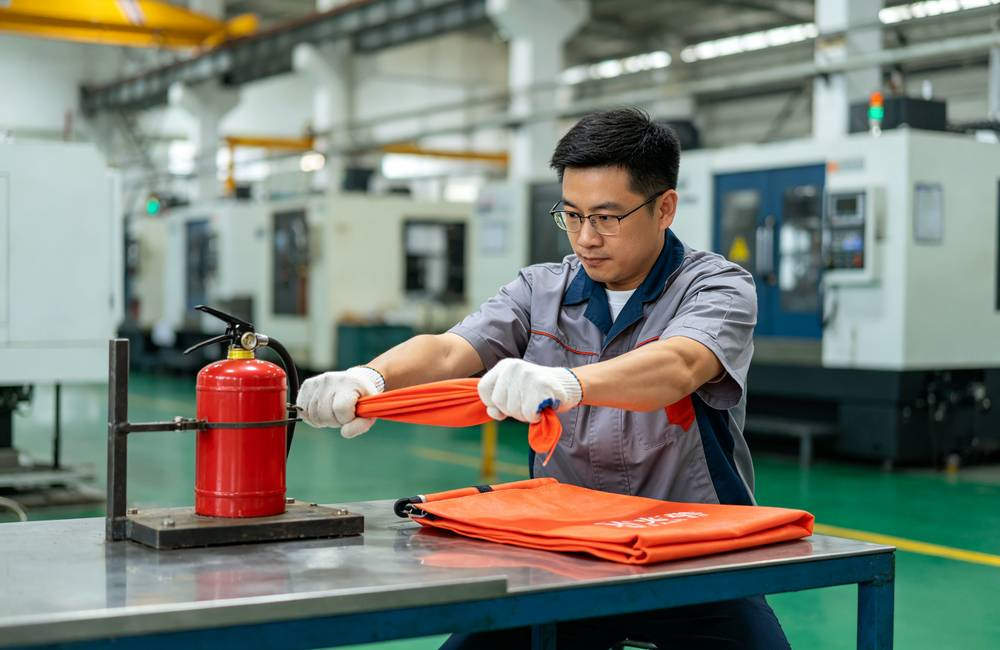 Quality control worker pulling fire blanket fabric to test tensile strength during factory inspection for bulk fire blanket quality today