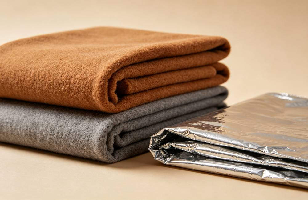 Thick wool emergency blanket next to aluminum foil survival blanket showing difference for post fire evacuation warmth today