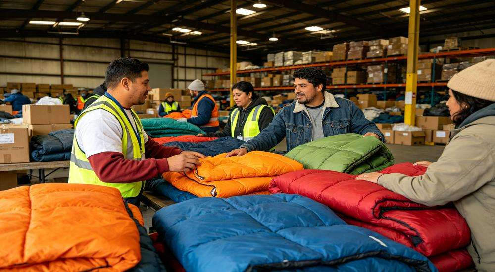 Wide angle view of disaster relief distribution center, volunteers handing out colorful sleeping bags to people in need, warehouse environment, warm humanitarian atmosphere