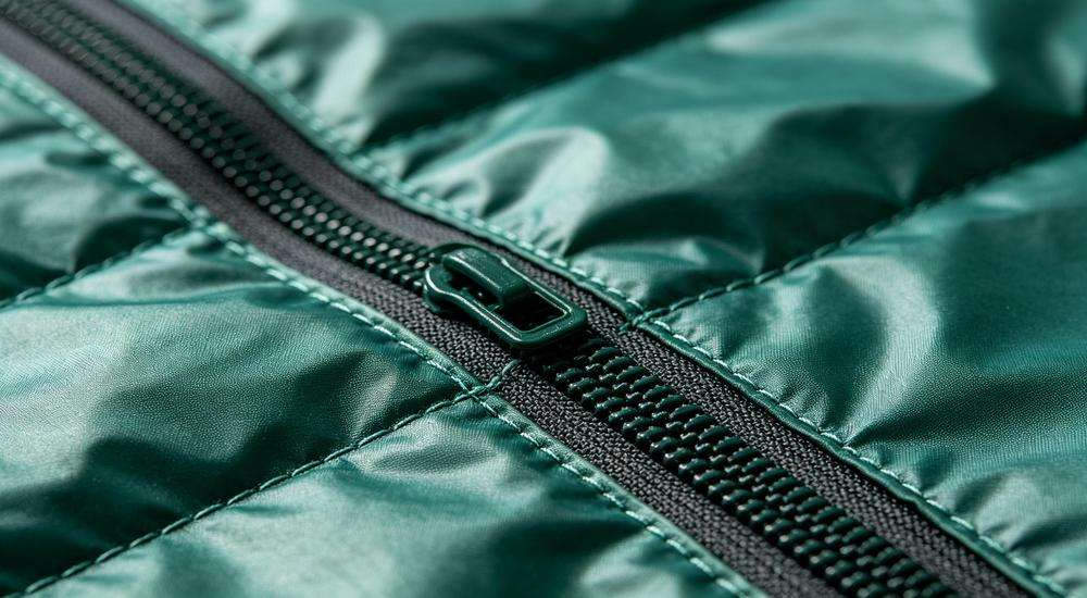 Close up detail of emergency sleeping bag fabric texture and zipper stitching, high quality durable material, macro product photography, studio lighting