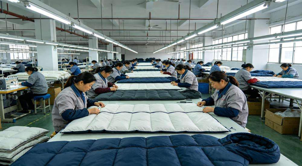 Wide angle view of factory quality control inspection, workers checking sleeping bag stitching and fabric on production line, China manufacturing facility, professional industrial photography
