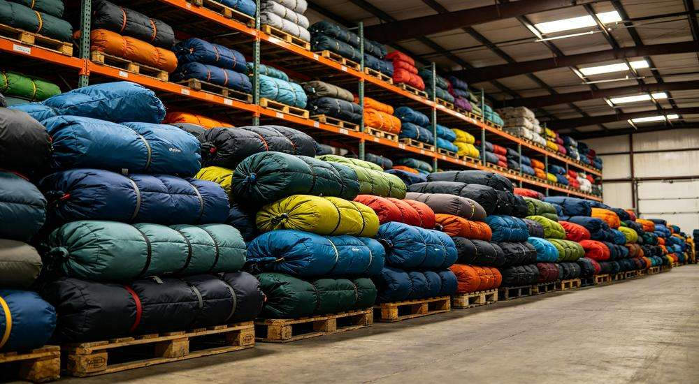 Wide angle view of large warehouse with bulk sleeping bags stacked high on pallets, wholesale inventory storage, organized logistics