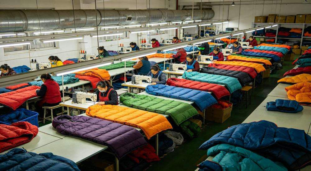 Wide angle view of sleeping bag factory production line, workers sewing colorful sleeping bags, industrial manufacturing environment, China factory