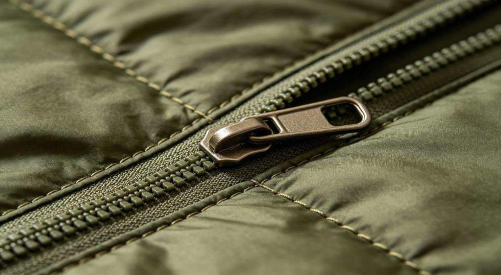 Close up of heavy duty sleeping bag zipper design, durable zipper pull and stitching detail, product macro photography, quality craftsmanship