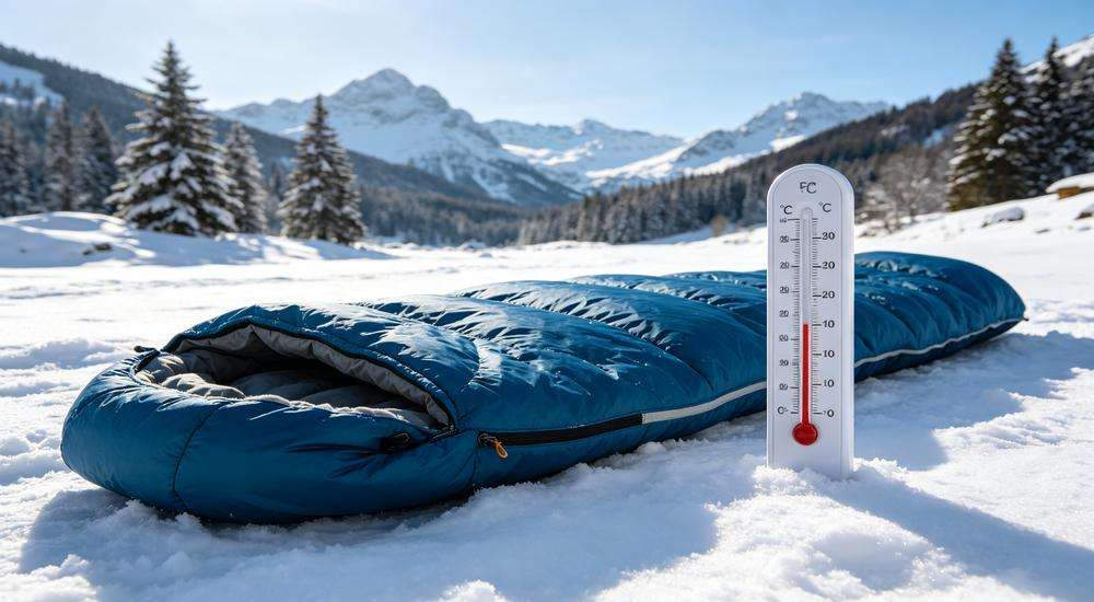 Wide angle view of sleeping bag with thermometer display, cold weather temperature rating concept, winter outdoor scene, snow mountains background