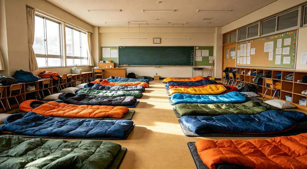 Wide angle view of school classroom converted to emergency shelter, sleeping bags arranged neatly on floor, bright indoor environment