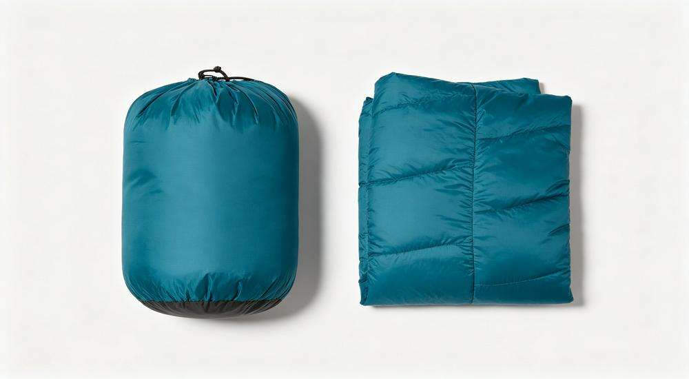 Top view of compressed sleeping bag in stuff sack vs uncompressed, size and weight comparison, white background studio