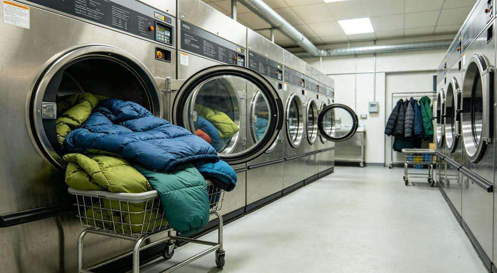 Wide angle view of industrial laundry room with sleeping bags in washing machine, cleaning and care maintenance, bright clean environment