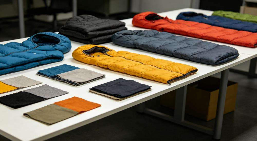 Wide angle view of sleeping bag samples displayed on table for evaluation, quality inspection sample review, professional setting, fabric swatches