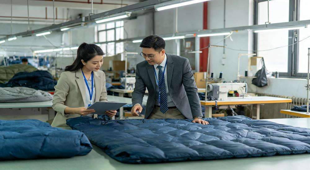 Wide angle view of factory audit and supplier screening, inspector checking sleeping bag production facility, professional industrial photography