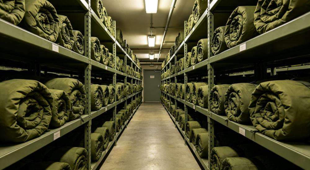 Wide angle view of military storage room with olive green sleeping bags rolled on metal shelves, army institutional use, organized inventory