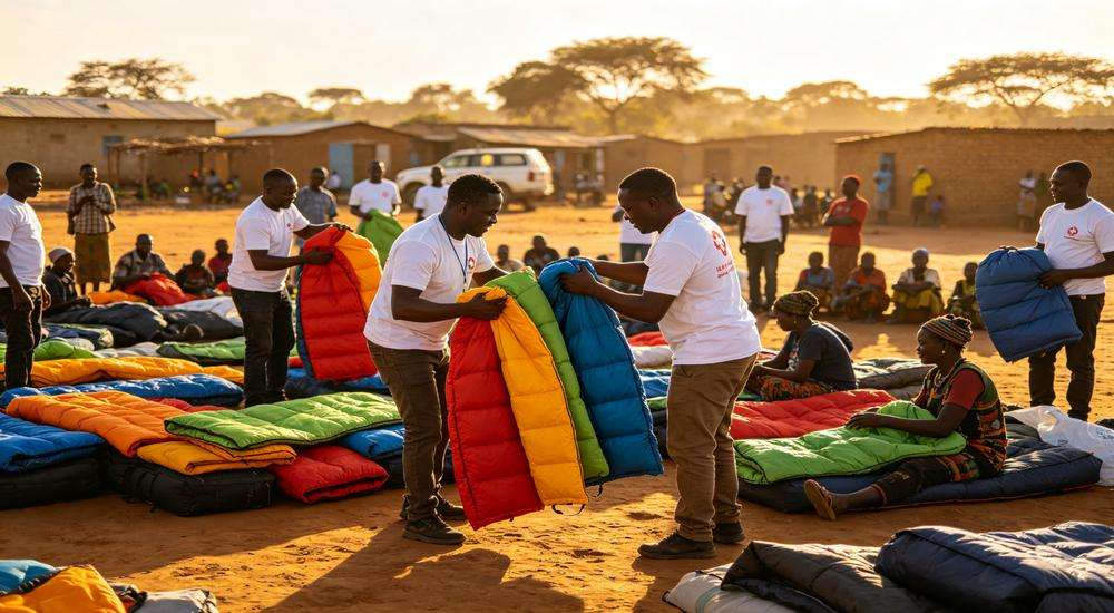 Wide angle view of African village emergency relief distribution, volunteers handing out colorful sleeping bags, humanitarian aid scene, warm sunlight