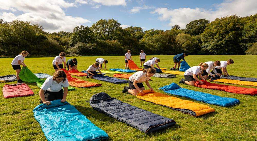 Wide angle view of school outdoor education students setting up colorful sleeping bags on grass, youth group activity, sunny day