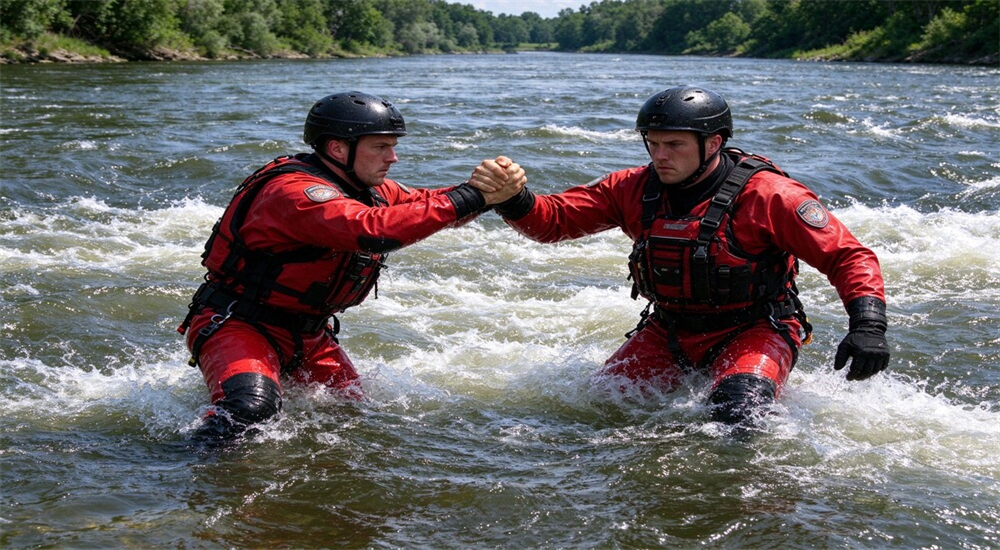 Night flood rescue team wearing headlamp and high visibility gear in swift water boots, glowing orange and black boots visible in dark emergency operation