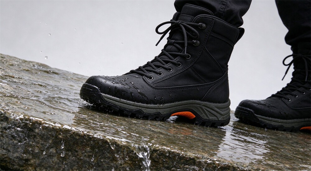 Close up of non slip rescue boots sole biting wet concrete slab, deep lugs gripping slippery urban surface, flood response boots for city rescue duty