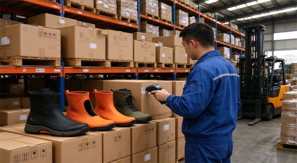 YIROUFANG textile supplier warehouse in China, stack of flood rescue boots cartons, 20 years experience export supplier for rescue agencies worldwide YIROUFANG textile supplier warehouse in China, stack of flood rescue boots cartons, 20 years experience export supplier for rescue agencies worldwide