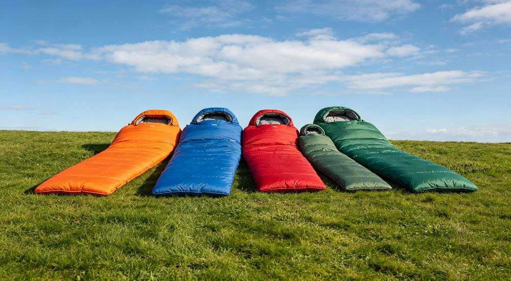Wide angle view of colorful institutional sleeping bag family collection on green grass with blue sky and white clouds