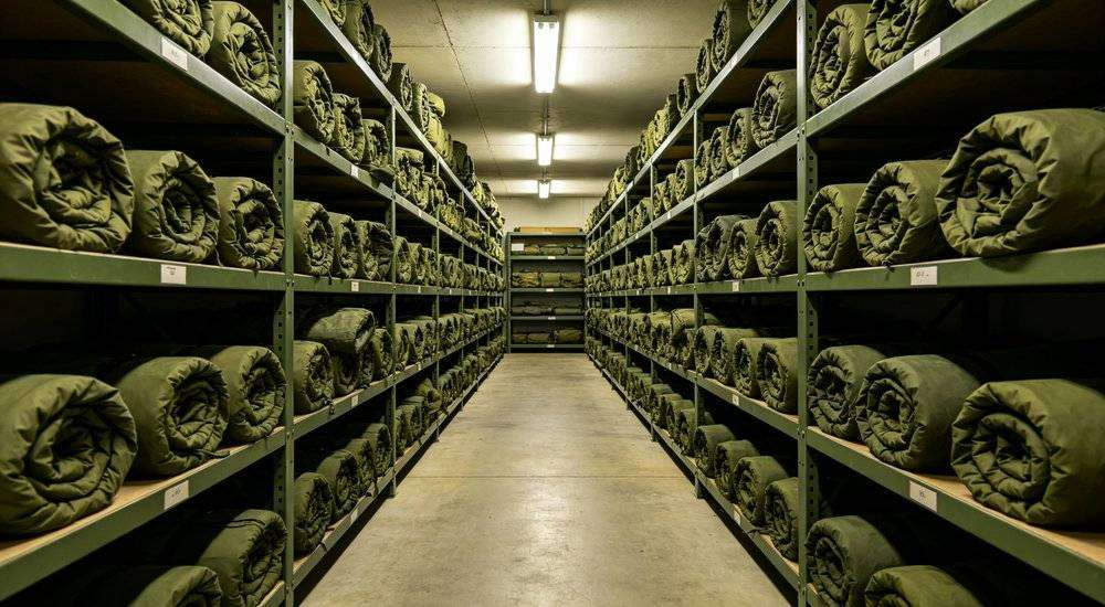 Wide angle view of military base storage room with olive green sleeping bags rolled on shelves army