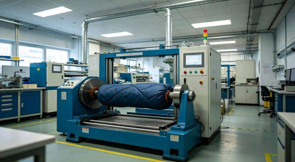 Wide angle view of sleeping bag durability test fabric abrasion testing equipment quality control lab