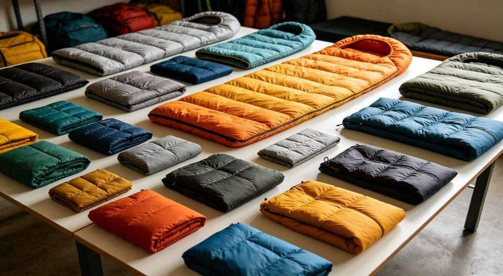 Wide angle view of custom sleeping bag selection matrix various configurations laid out on table