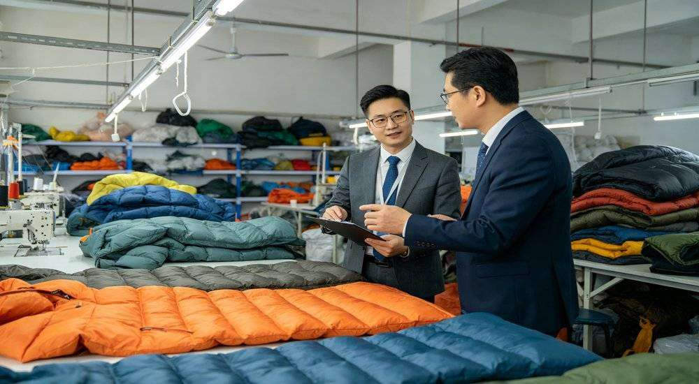 Wide angle view of sleeping bag supplier selection factory audit inspector checking production line