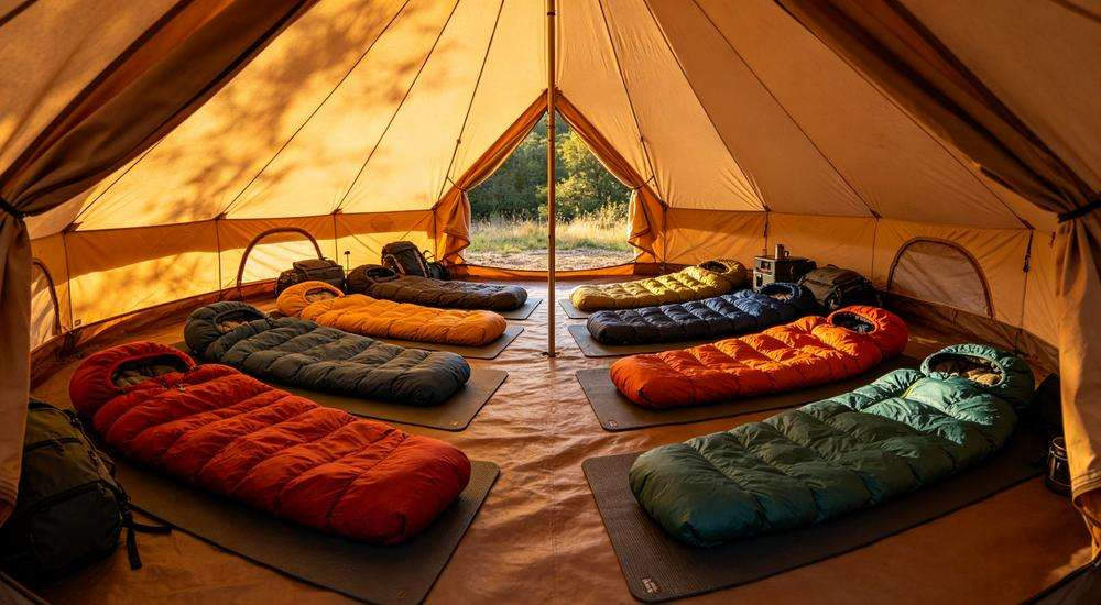 Wide angle view of tent interior with multiple sleeping bags arranged on ground mats outdoor shelter