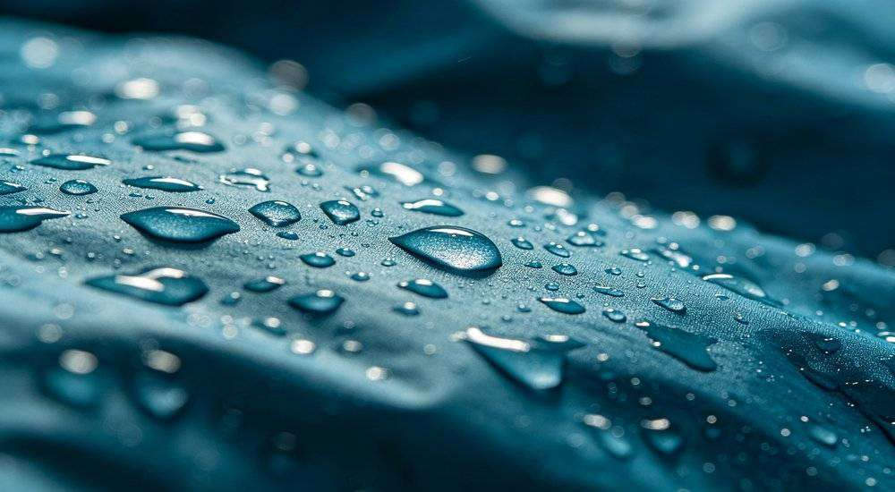 Close up of waterproof sleeping bag outer fabric with water droplets DWR coating test durable material